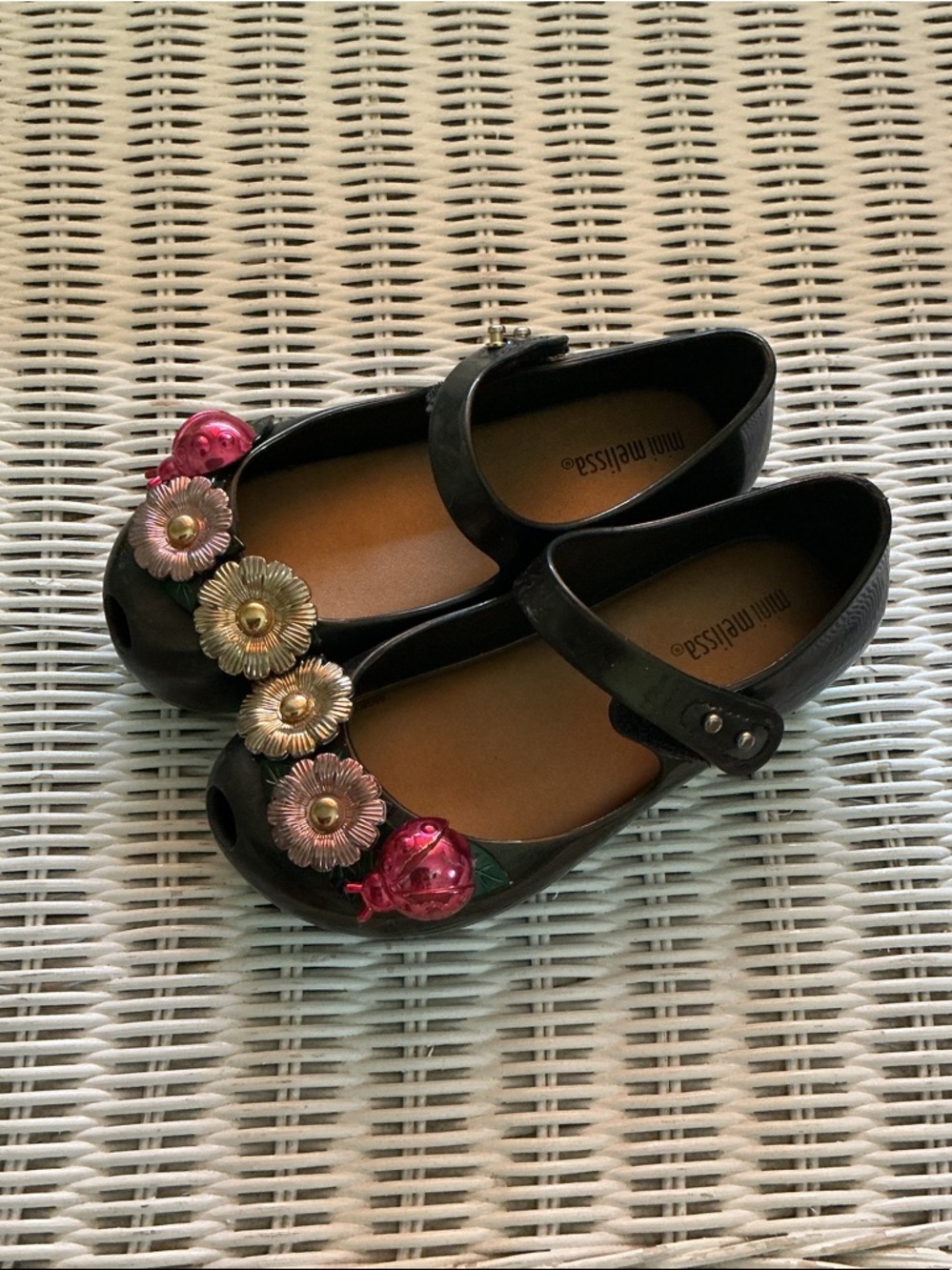 Mini Melissa Black Mary Jane Shoes with Pink and Gold Floral Accents